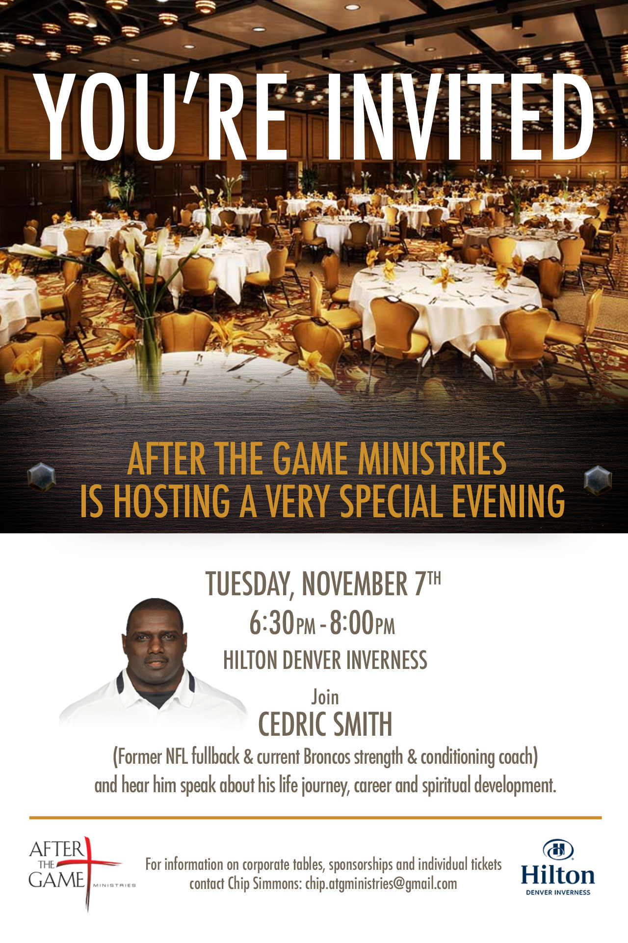 poster for November 7 event at inverness hotel 630pm with ex-bronco cedric smith